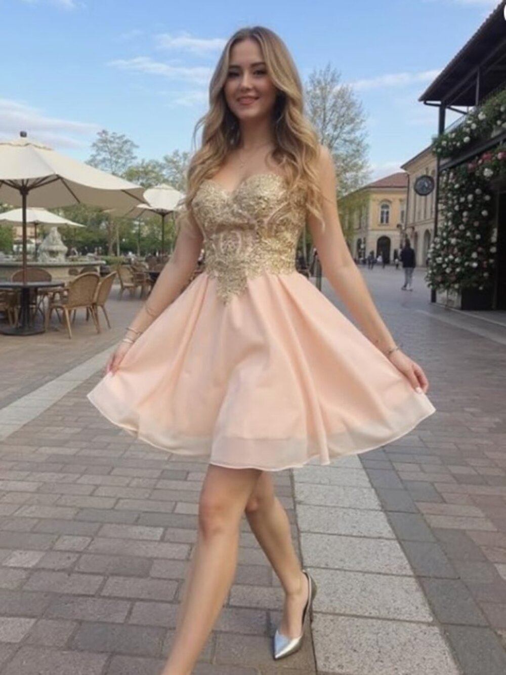 Strapless Pink Cocktail Dress with Gold Beaded Appliqué size 8